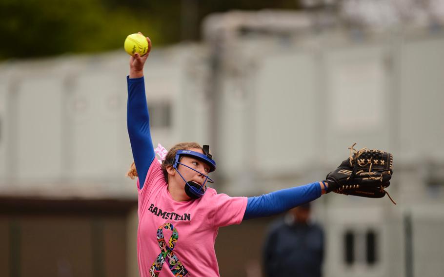 Ramstein's Abby Walker throws a pitch against Lakenheath on Friday, May 1, 2015 at Ramstein, Germany.