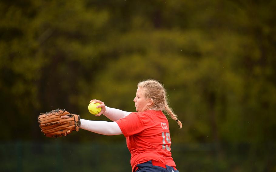 Lakenheath's Shannon Cox throws a pitch against Ramstein on Friday, May 1, 2015 at Ramstein, Germany.