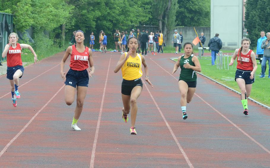 Vicenza's Brandy James leads the pack Saturday during the 100-meter dash at a track meet at Creazzo, Italy. James took first with a time of 13.03 seconds.