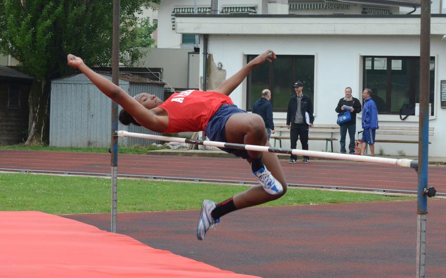 Aviano's Jasmine Cole clears the high jump at 4 feet, 5 inches Saturday at Creazzo, Italy.