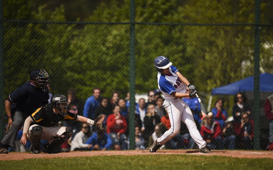 Ramstein's Zach Buhrer connects for a base hit against Patch at Ramstein, Germany, Saturday, May 9, 2015.