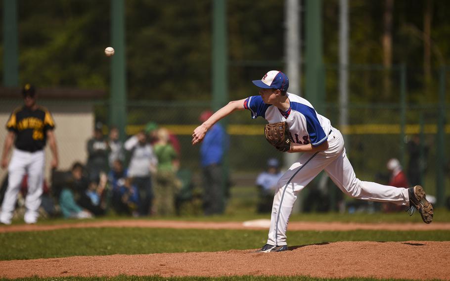 Ramstein's Daniel Thompson throws a pitch against Patch at Ramstein, Germany, Saturday, May 9, 2015.