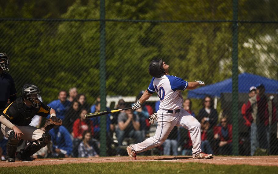 Ramstein's Ben Ciero looks up as he hit a foul ball against Patch at Ramstein, Germany, Saturday, May 9, 2015.
