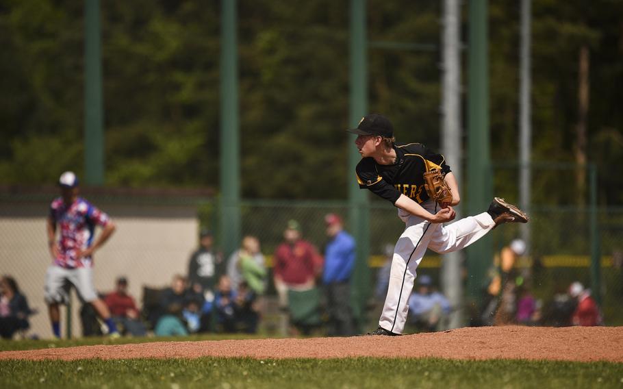 Patch's Andrew Buxkemper throws a pitch against Ramstein at Ramstein, Germany, Saturday, May 9, 2015.