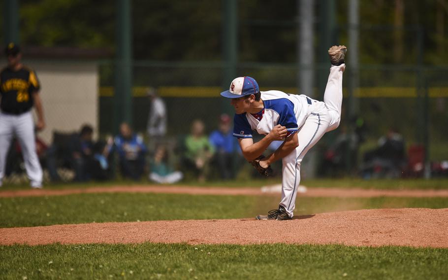Ramstein's Zach Buhrer throws a pitch against Patch at Ramstein, Germany, Saturday, May 9, 2015.