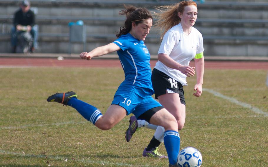 Ebony Madrid scored 3 back to back goals for the Ramstein Royals as they rolled over Vilseck 7-0 during the DODDS-Europe Division I soccer opener, Mar. 21, 2015.