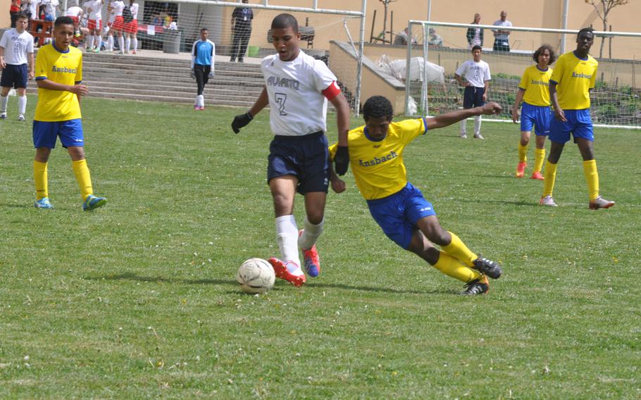 Aviano's Lorenzo King scored two goals in the Saints' 3-1 victory over Ansbach on April 24, 2015 at Aviano Air Base, Italy.