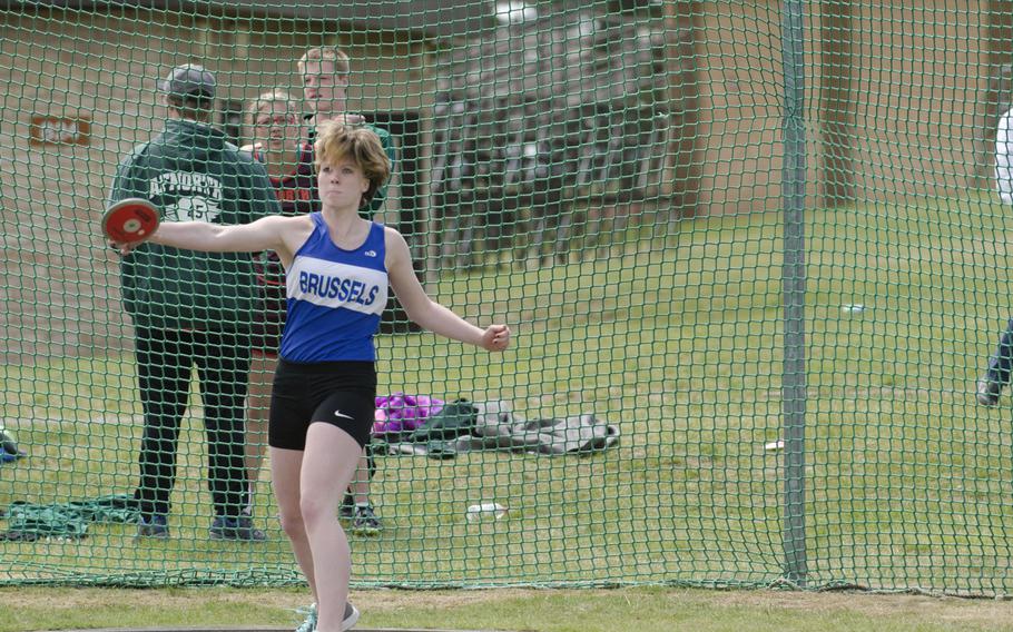 Brussels' Trinity Hill hurls a discus during a track meet at RAF Lakenheath, England, on Saturday, May 16, 2015. Hill placed second in the event.