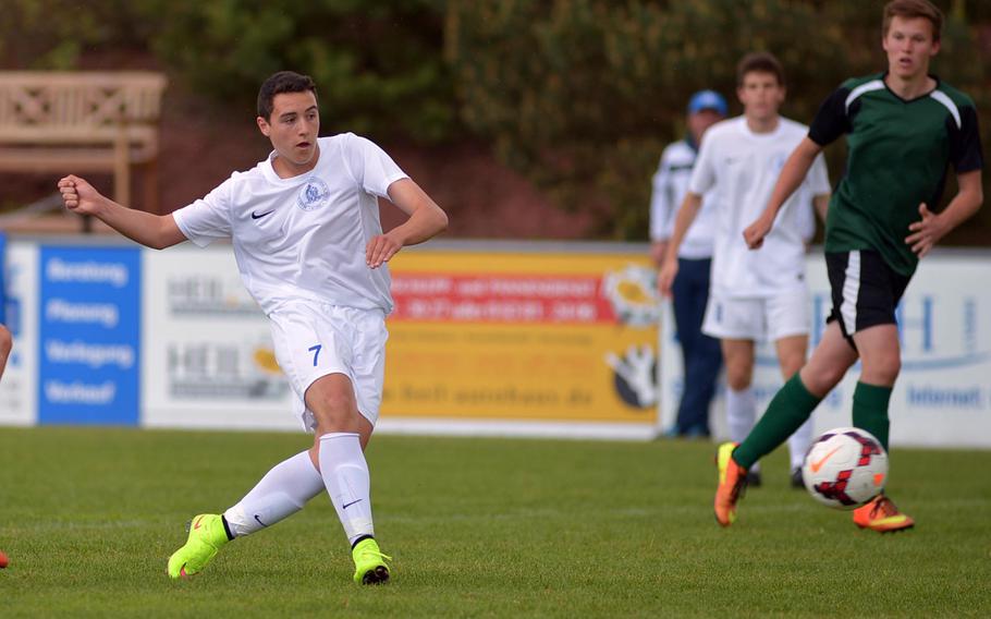 Marymount's Diego Piorico scores against AFNORTH in a Division II semifinal at the DODDS-Europe soccer championships at Reichenbach, Germany. Marymount won 4-2 to advance to Thursday's final against Bahrain.