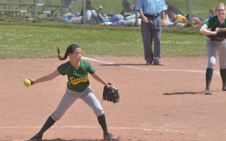 Sarah Delloroso of SHAPE tosses a pitch during her teams' 15-2 loss to Vilseck during a Division I championship tournament game. 