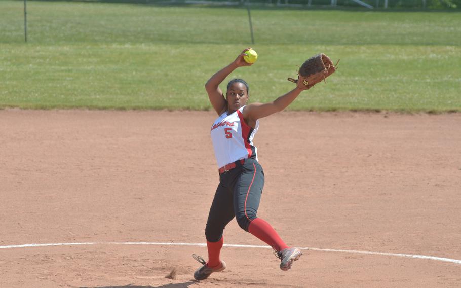 Kaiserslautern High School pitcher Tori Liggins overpowered Naples with strong pitching, leading her team a 19-7 win over the Wildcats during a Division I championship tournament game. 