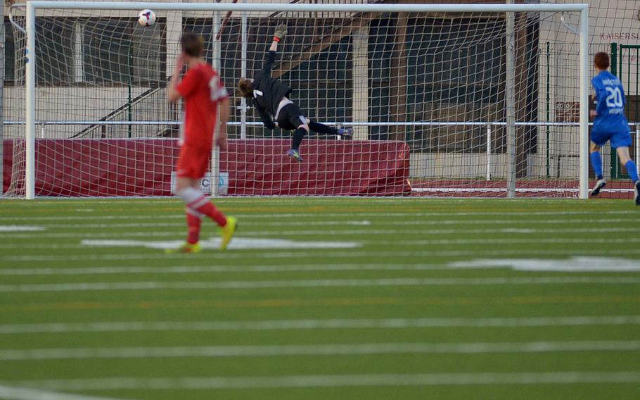 The ball sinks over International School of Brussels keeper Alex Dedekind for Ramstein's 1-0 winning goal in the boys Division I final at the DODDS-Europe soccer championships in Kaiserslautern, Germany.