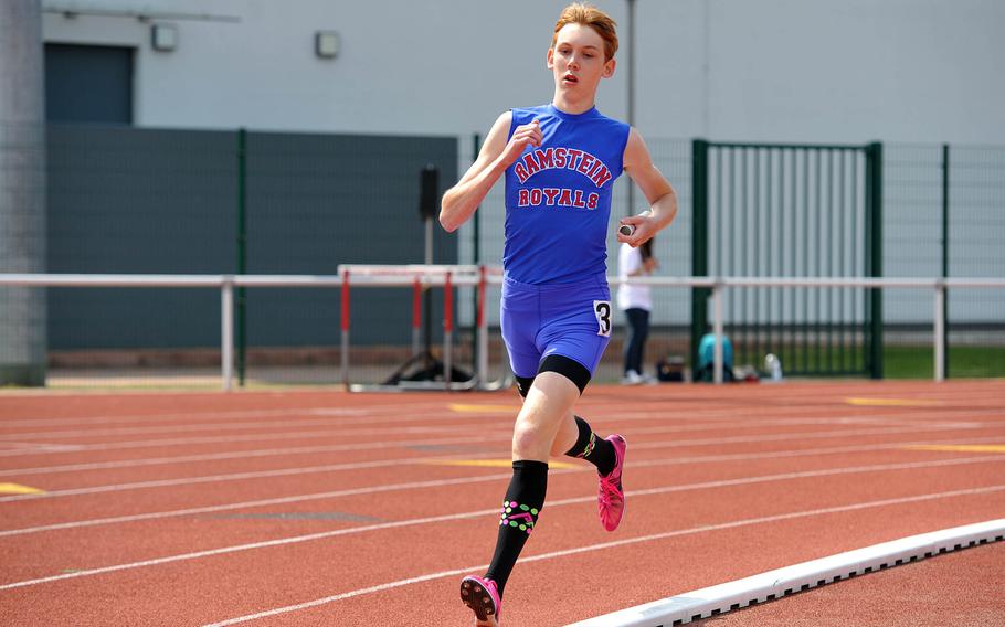 Ramstein's John Casey anchored his team in the boys 4x800-meter relay at the DODDS-Europe track and field championships in Kaiserslautern, Germany, Friday, May 22, 2015. Along with teammates Noah Webb, Sebastian Figueroa and Taylor Petty they captured the gold with a time of 8 minutes, 26.97 seconds ahead of Patch and Wiesbaden.