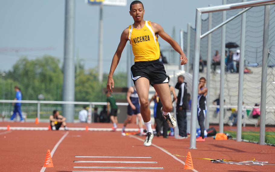 Vicenza's Early Wheeler won the boys triple jump competition with a leap of 40 feet, 8 inches at the DODDS-Europe track and field championships in Kaiserslautern, Germany, Friday, May 22, 2015.