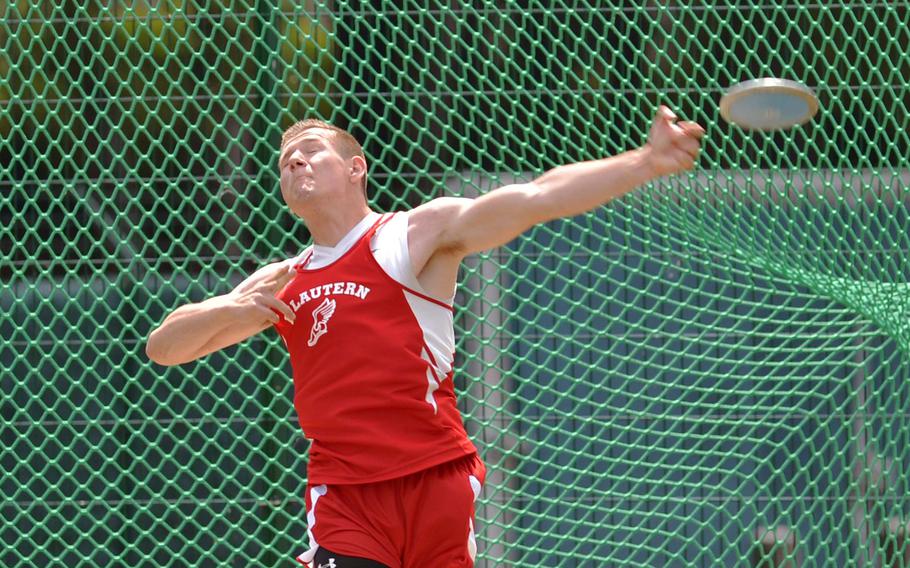 Kaiserslautern's Wesley Domhauser took the discus title with a throw of 127 feet, 7 inches at the DODDS-Europe track and field championships in Kaiserslautern, Germany, Friday, May 22, 2015.