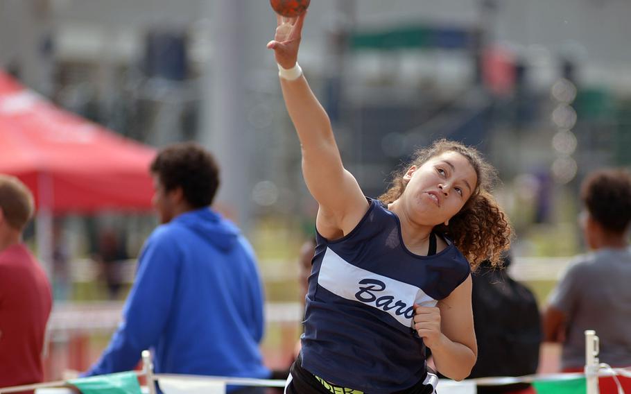 Bitburg's Elise Rasmussen won the girls shot put competition with a 32 feet, 9.50 inches at the DODDS-Europe track and field championships in Kaiserslautern, Germany, Friday, May 22, 2015.