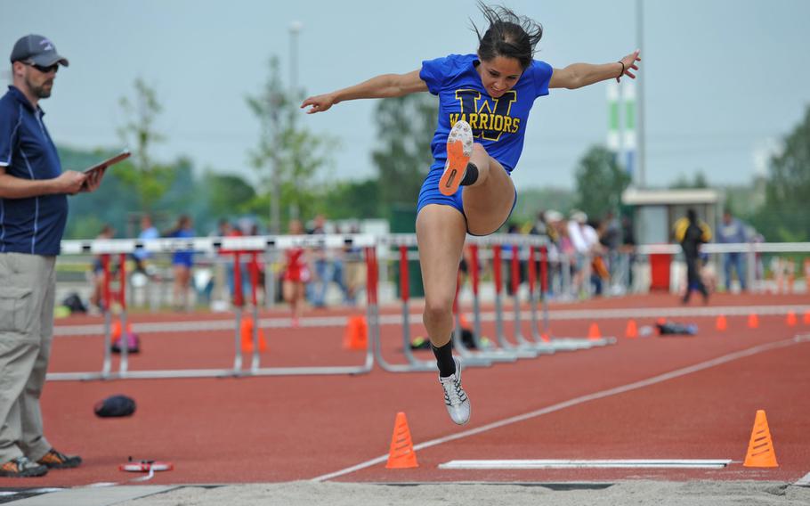 Wiesbaden's Amelya Hempstead took the girls long jump title with a leap of 17 feet, 3.25 inches at the DODDS-Europe track and field championships in Kaiserslautern, Germany, Friday, May 22, 2015.