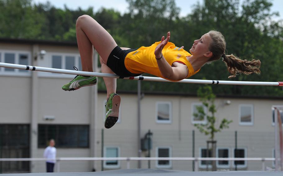 Frankfurt International School's Maira Gauges won the girls high jump competition, clearing 4 feet, 11 inches at the DODDS-Europe track and field championships in Kaiserslautern, Germany, Friday, May 22, 2015.
