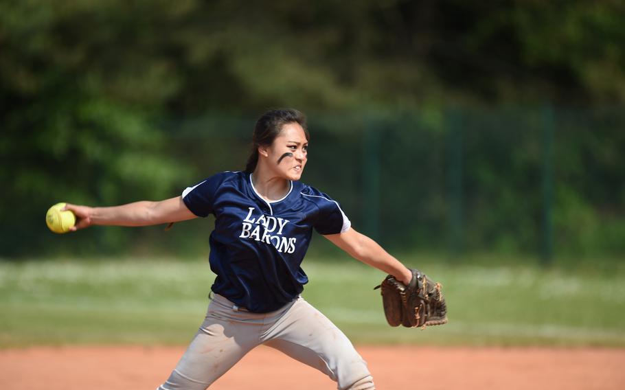 Bitburg pitcher Celesse Nikka Jiao delivers the ball with purpose against Alconbury Friday at day two of pool play at the DODDS-Europe championships.