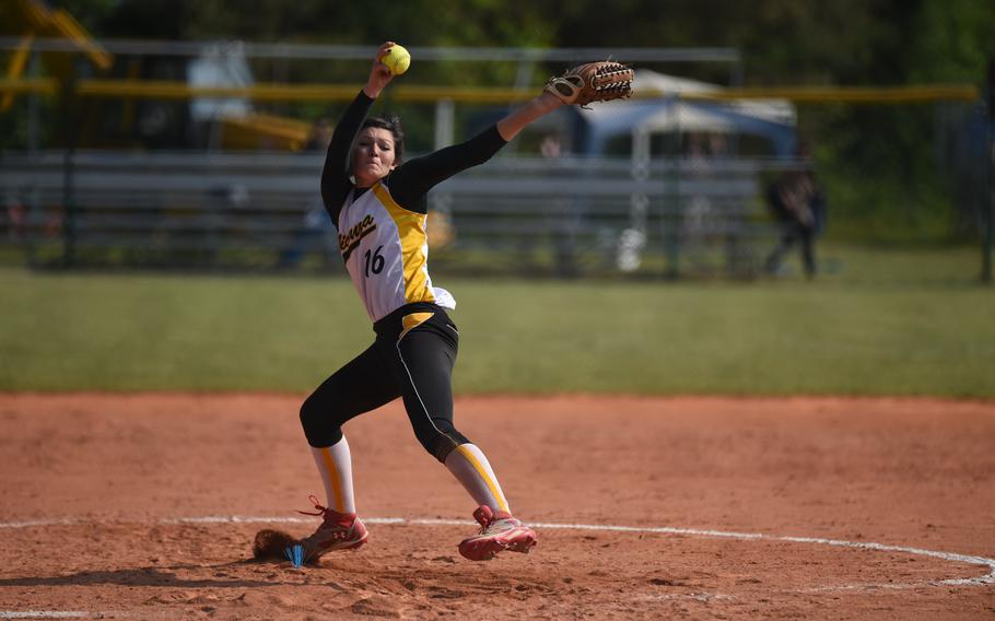 Vicenza's Megan Buffington delivers the ball in their pool game against Patch Friday during the DODDS-Europe softball championships.