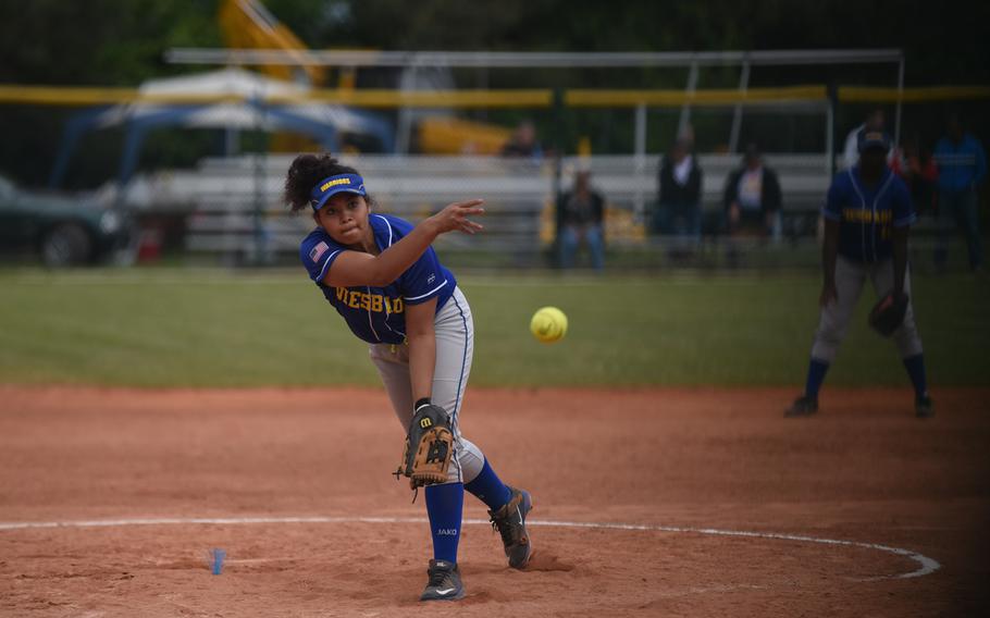 Wiesbaden's Rosette Gray pitches against Vilseck Friday on the second day of the DODDS-Europe softball championships.