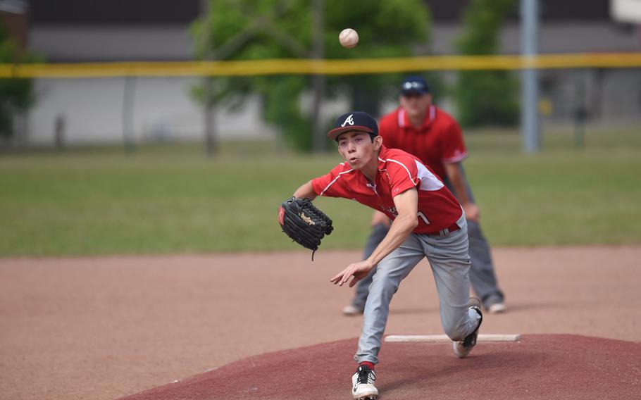 Aviano's Elliot Ives pitches against Bahrain in pool play at the DODDS-Europe baseball championships.