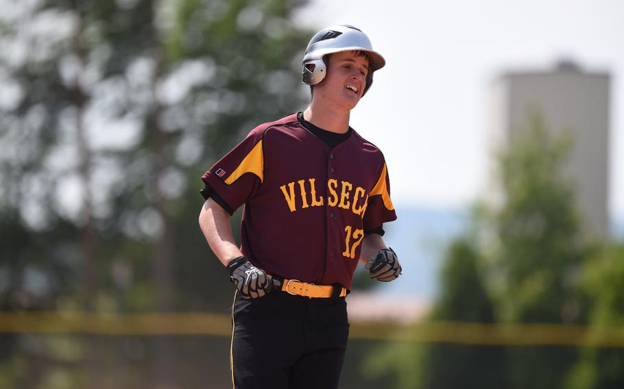 Vilseck's Kurt Hall rounds the bases after knocking in a home run against Vicenza in pool play at the DODDS-Europe baseball championships.