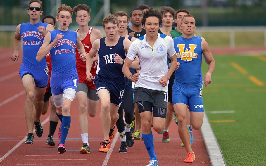 Marymount's Riccardo Cirilli, in white, leads the pack on his way to winning the boys 800-meter run in 2 minutes, 3.33 seconds at the DODDS-Europe track and field championships in Kaiserslautern, Germany, Saturday, May 23, 2015. 