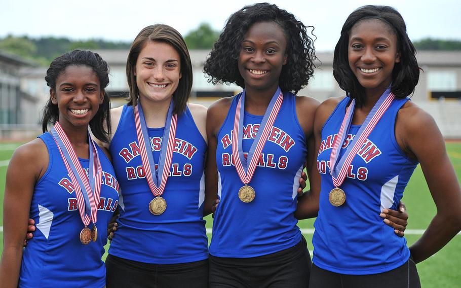 Ramstein's gold medal-winning 4x100-meter relay team of Yhari Dupree, Brittany Highley, Sinoda Emanuel and Denee Lawrence broke the DODDS-Europe record in 48.45 seconds at the DODDS-Europe track and field championships in Kaiserslautern, Germany, Saturday, May 23, 2015, cracking Nuremberg's record set in 1984.