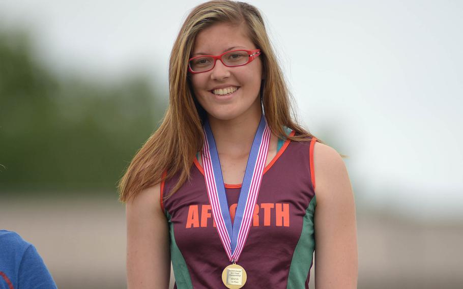 AFNORTH's Eliska Volencova won the girls discus event with a toss of 116 feet, 9 inches at the DODDS-Europe track and field championships in Kaiserslautern, Germany, Saturday, May 23, 2015.