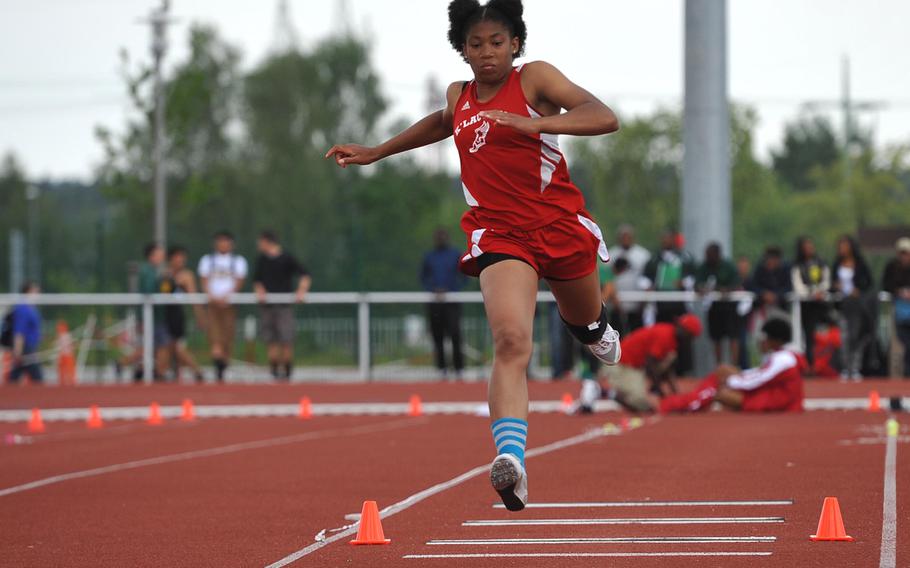 Kaiserslautern's Jada Branch won the girls triple jump with a leap of 36 feet, 10.50 inches at the DODDS-Europe track and field championships in Kaiserslautern, Germany, Saturday, May 23, 2015.