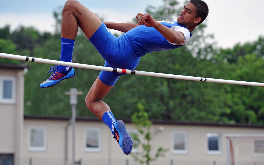 Wiesbaden's John McKoy cleared 6 feet to win the boys high jump at the DODDS-Europe track and field championships in Kaiserslautern, Germany, Saturday, May 23, 2015.