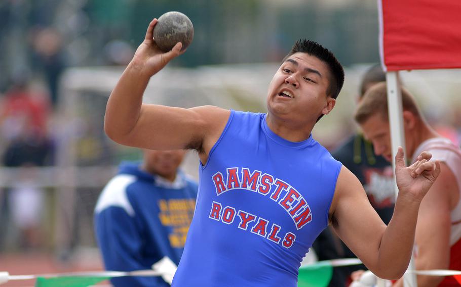 Ramstein's Clesson Allman won the shot put event with a toss of 44 feet, 7 inches at the DODDS-Europe track and field championships in Kaiserslautern, Germany, Saturday, May 23, 2015.
