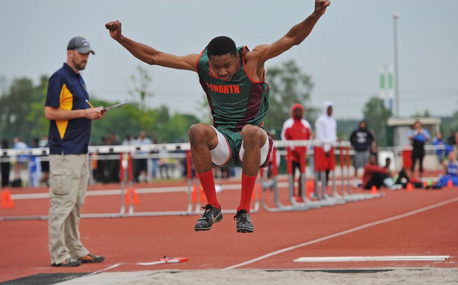 AFNORTH's Darel Marshall won the boys long jump competition with a leap of 21 feet, 2.25 inches at the DODDS-Europe track and field championships in Kaiserslautern, Germany, Saturday, May 23, 2015.