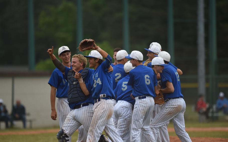 The Rota Admirals celebrate after winning the DODDS-Europe Division II/III baseball title Saturday with a 12-5 win over Ansbach.