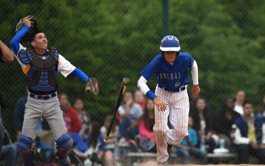 Rota junior Tray Luna runs for first after a popup foul ball in the Admirals' 12-5 victory of Ansbach for the DODDS-Europe Division II/III baseball championship Saturday at Ramstein Air Base.

