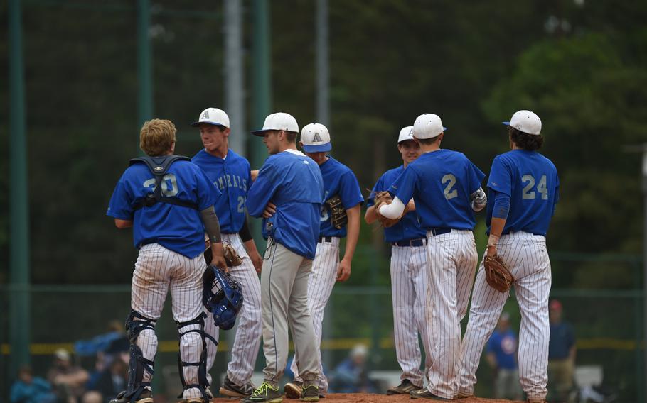 Rota's infield gathers for a quick conference after Ansbach put up three runs in a late inning of the Admirals' 12-5 victory over the Cougars in the DODDS-Europe Division II/III baseball final Saturday at Ramstein Air Base.