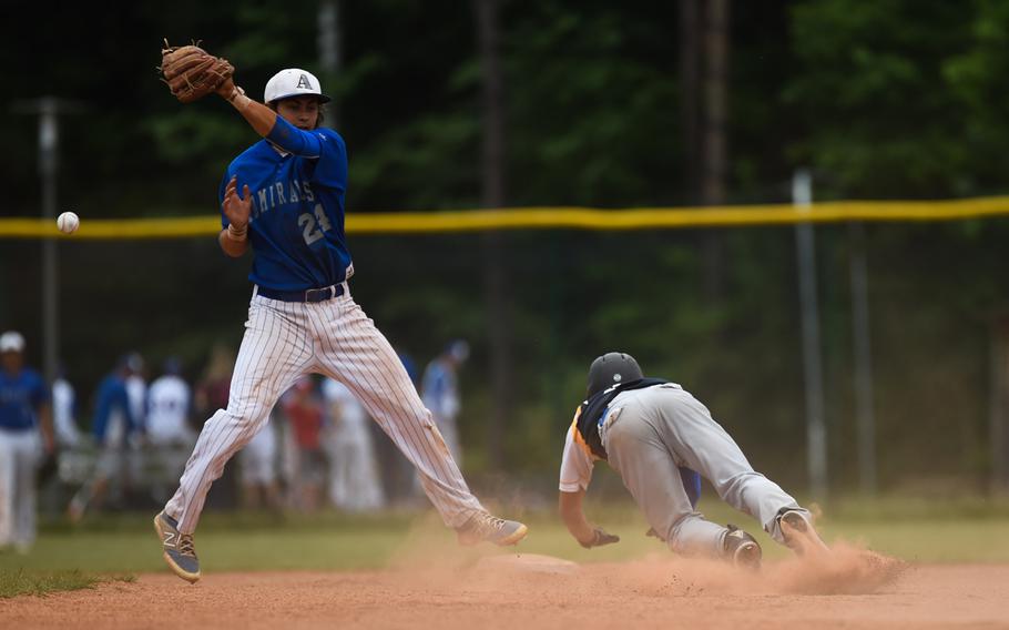 Ansbach sophomore Yadiel Rodriguez dives into second for a steal in the Cougars' 12-5 loss to Rota in the DODDS-Europe Division II/III final Saturday at Ramstein Air Base.
