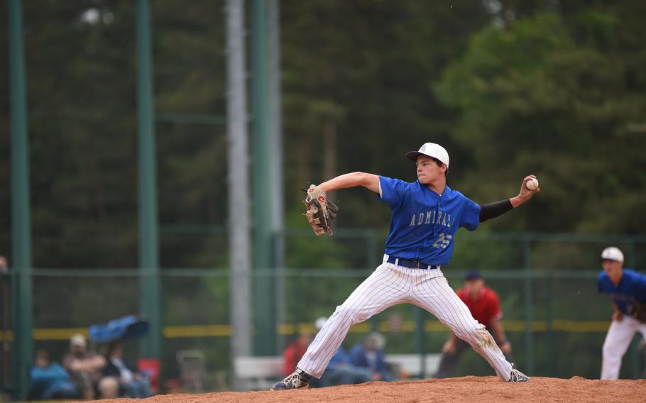Rota Admirals freshman Zachary Heisler pitches in the final inning of the Admirals 12-5 victory over Ansbach in the DODDS-Europe Division II/III baseball championship final.