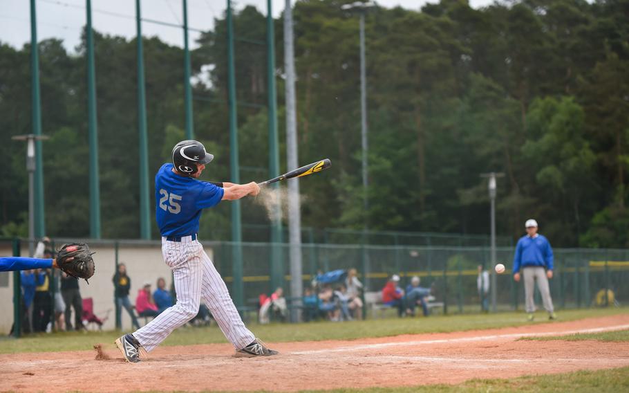 Rota Admirals freshman Zachary Heisler grounds out in his last at bat in the Admirals 12-5 victory over Ansbach in the DODDS-Europe Division II/III baseball championship final.