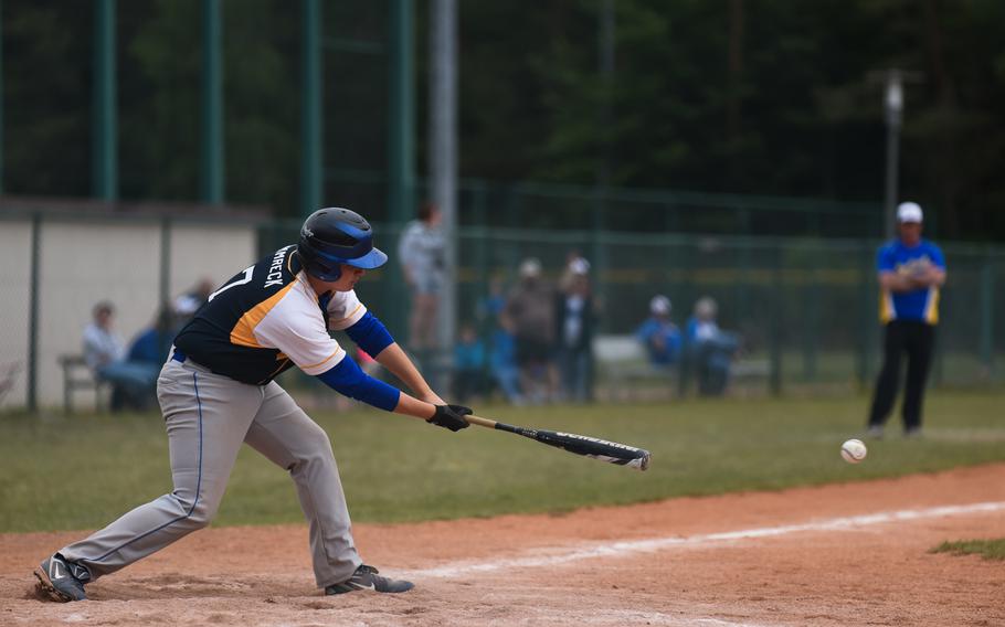 Ansbach freshman Griffen Timmreck grounds out in the DODDS-Europe Division II/III championship final Saturday against Rota. The Rota Admirals cruised to a 12-5 victory over the Cougars.