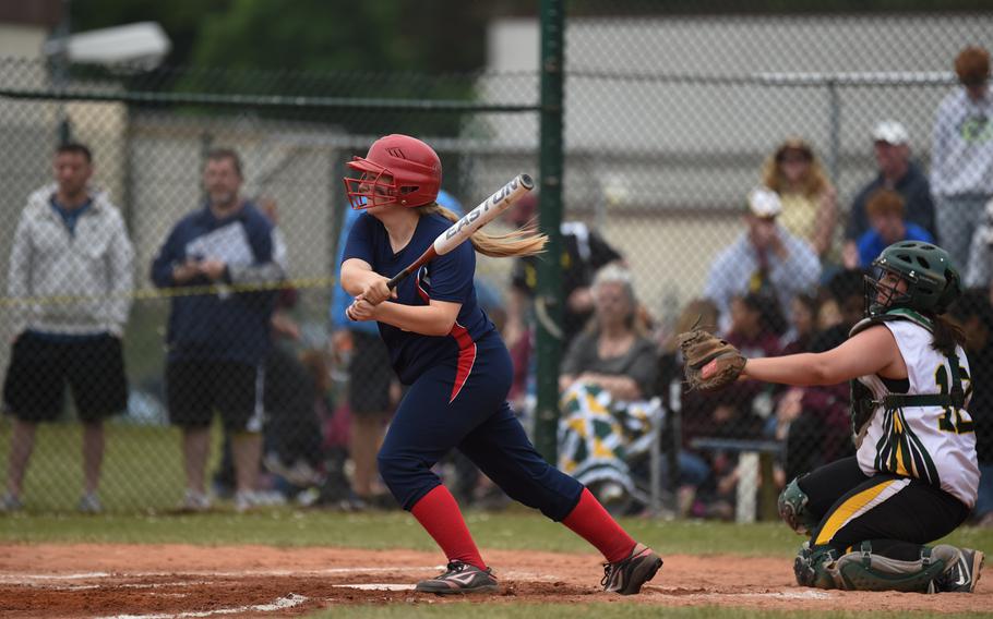 Aviano junior Margaret Lewgandowski runs on a single to center in the Saints 8-3 win over Alconbury for the DODDS-Europe Division II/III softball title.
