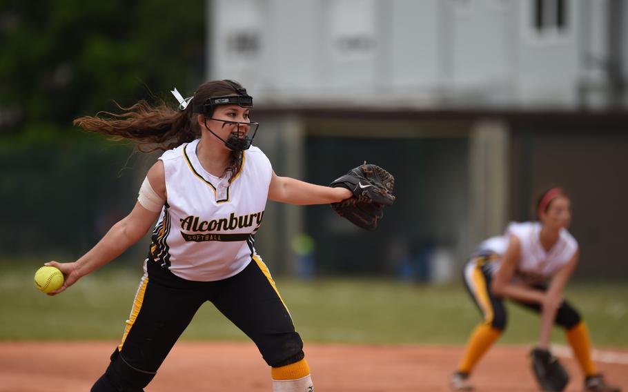 Alconbury senior Becky Matthews delivers a pitch in the DODDS-Europe Division II/III softball championship game. The Dragons fell to the Aviano Saints 8-3.