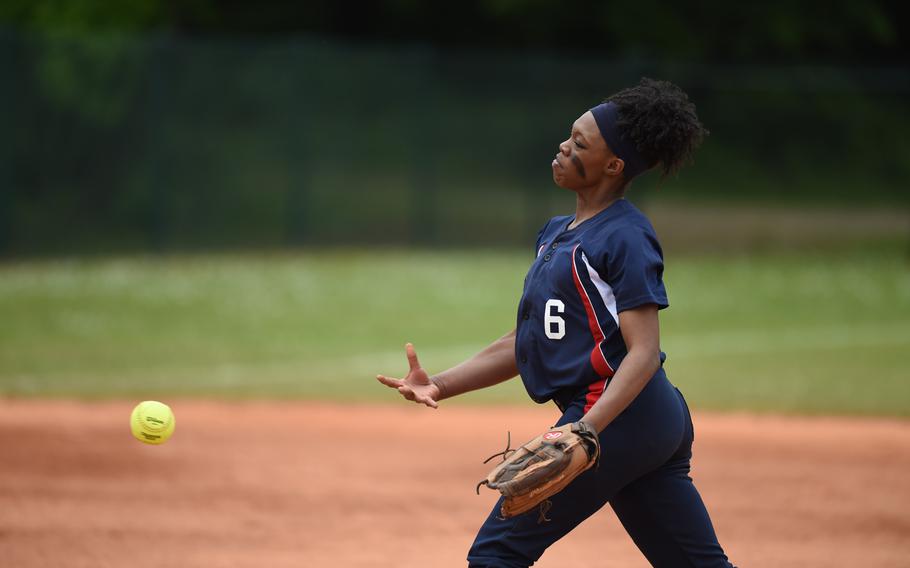 Aviano senior Shamera Lane delivers the ball in the first inning of the Saints' 8-3 victory over Alconbury for the DODDS-Europe Division II/III softball title.
