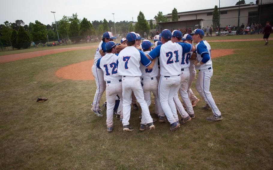 Ramstein celebrates after downing Vilseck 27-1 for the 2015 DODDS-Europe Division I baseball crown.