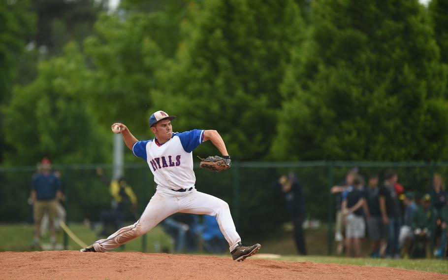 Ramstein pitcher Zach Buhrer hurls the ball in the Royals' 27-1 rout of Vilseck for the DODDS-Europe Division I baseball title.
