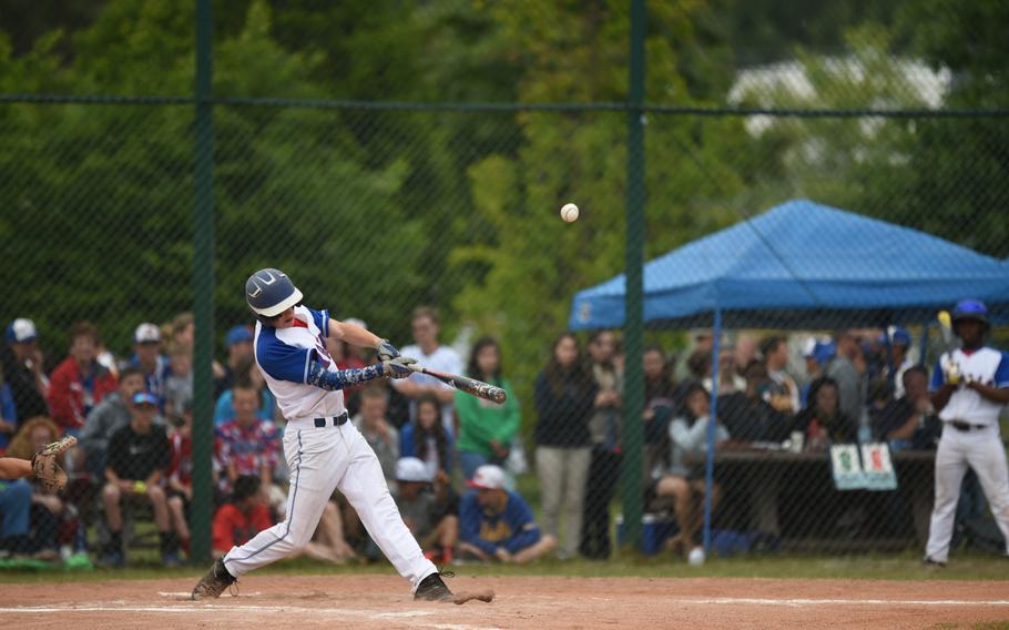 Ramstein sophomore Spencer Woller dings one almost to the right field fence, where he is caught out, in the Royals' 27-1 victory over Vilseck for the DODDS-Europe Division I baseball crown.