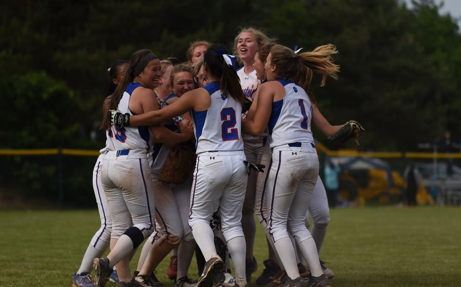 Ramstein celebrates after winning the DODDS-Europe Division I softball title with a 7-6 victory over Vilseck.