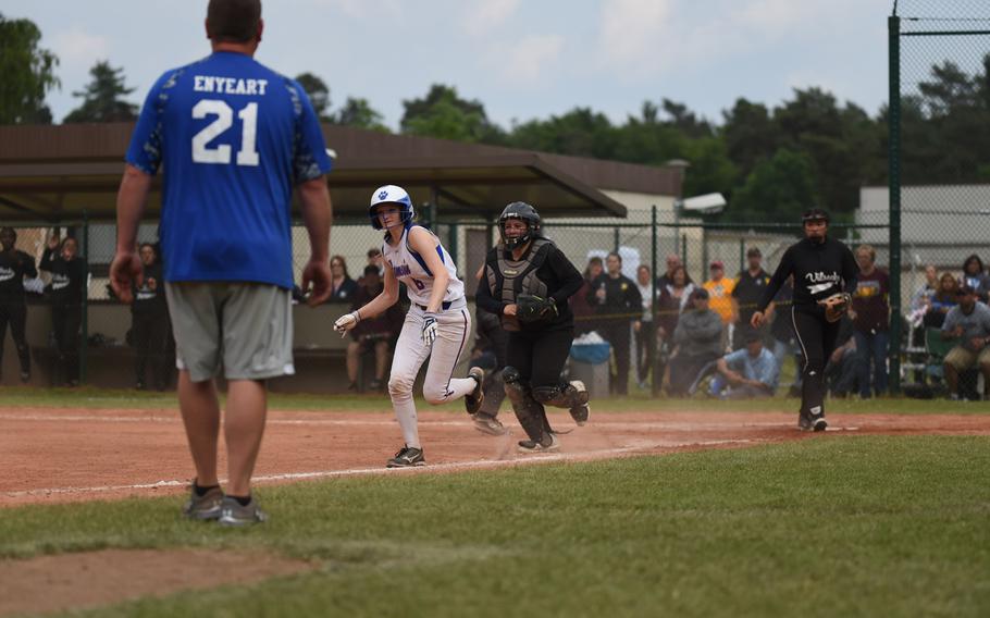 Ramstein sophomore Sarah Wilhite is caught in a rundown in the final inning of the Royals' 7-6 win over Vilseck for the 2015 DODDS-Europe Division I softball title.