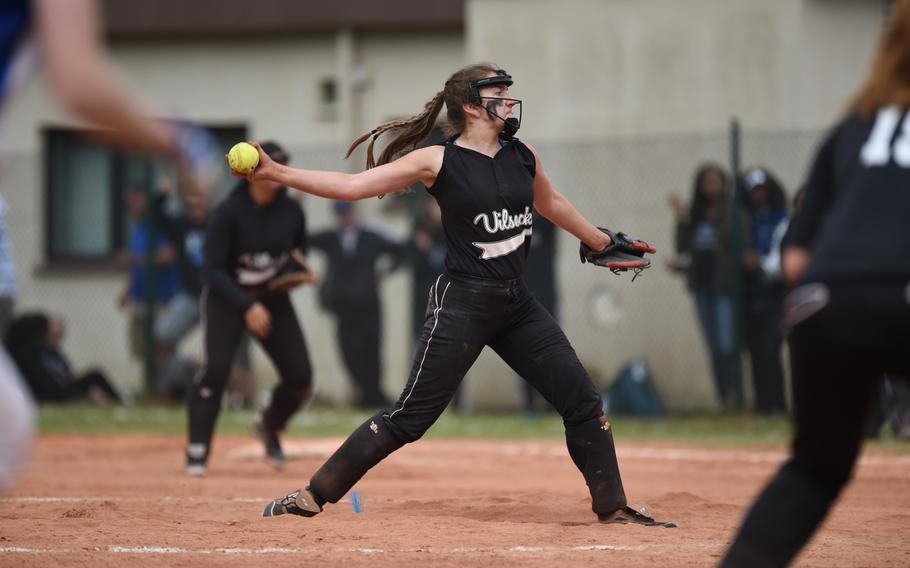 Sophomore pitcher Elana Montanez hurls for Vilseck in the DODDS-Europe Division I softball title game. The game was close, but Ramstein came out on top, taking the crown 7-6.